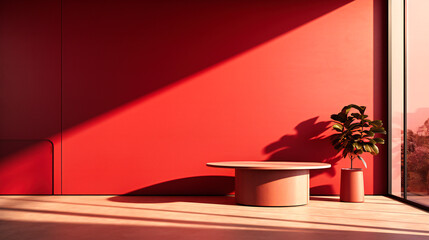 Minimalist Table Design with White Background, Green Plant, and Colorful Ceramic Saucers, Simple and Clean Decoration