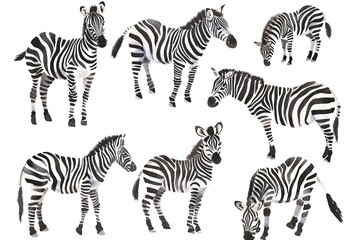 Fototapeta na wymiar Set of charming zebra in different poses, watercolor