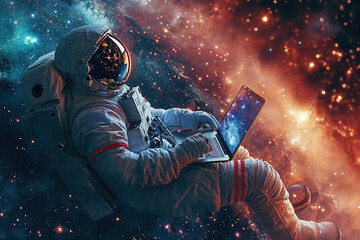 An astronaut typing on a laptop with a nebula and stars in the background - obrazy, fototapety, plakaty