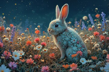 Fototapeta na wymiar Bunny in the Field of Flowers: A Cute and Colorful Easter-Inspired Artwork Generative AI