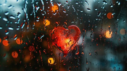 Autumn rain, the inscription on the sweaty glass love and heart - obrazy, fototapety, plakaty
