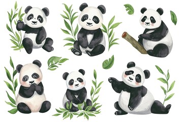 Set of cute panda with bamboo, watercolor illustrations for printing on baby clothes, sticker, postcards, baby showers