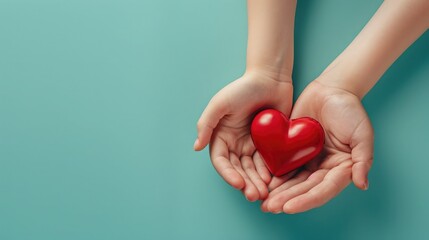 Fototapeta premium Concept Happy Mother's Day or International Day of Families.Happy women's day.Heart in the hands of daughter and mother on a blue background.I love you.Banner for store.Greeting card. Top view. Banner