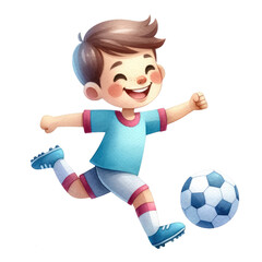 Watercolor cute boy football player playing a ball. Soccer competition. Football element clipart. 