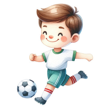 Watercolor cute boy football player playing a ball. Soccer competition. Football element clipart. 
