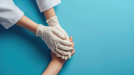 Doctor's hands in gloves holding child's hands. Medical banner with copy space on blue background. Care concept. - obrazy, fototapety, plakaty