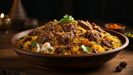 culinary experience with a side view of a traditional plate of lamb biryani wooden table serves as the canvas for this gastronomic masterpiece