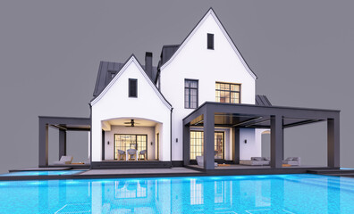 3d rendering of cute cozy white and black modern Tudor style house with parking  and pool for sale or rent with beautiful landscaping. Fairy roofs. In evening Isolated on gray