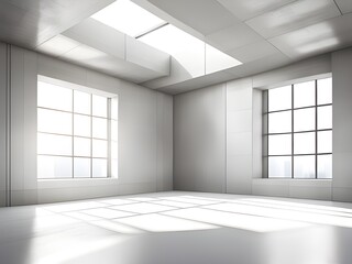 empty room interior with large window and concrete ceiling. space with white blank wall and empty windows.