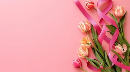 Figure 8 made of ribbon and tulip flowers for International Women's Day celebration on pink background with space for text