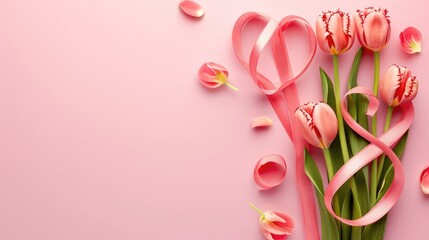 Figure 8 made of ribbon and tulip flowers for International Women's Day celebration on pink background with space for text