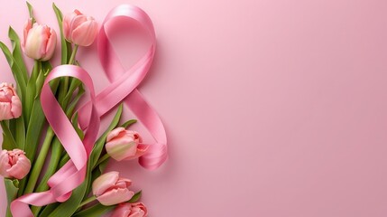 Figure 8 made of ribbon and tulip flowers for International Women's Day celebration on pink background with space for text