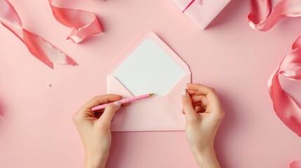 Obraz premium First person top view photo of st valentine's day decor female hands holding pen pink envelope with letter small giftbox and pink silk curly ribbon on isolated pastel pink background with empty space