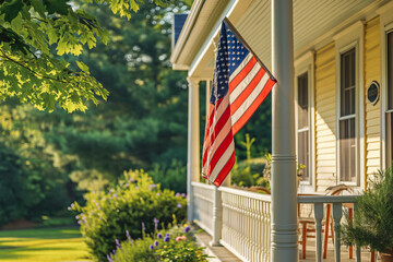 American flag on a american traditional house. Memorial day. The flag is flown on a national holiday.