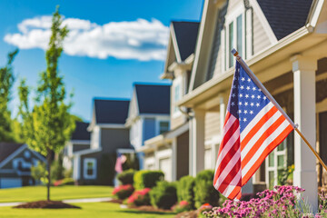 American flag on a modern american house. Memorial day. The flag is flown on a national holiday.