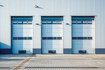 Automatic large garage doors at warehouse. Industrial hall building of large companies. Entry for...