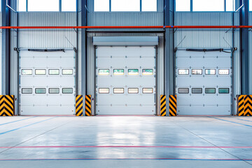 Automatic large garage doors at warehouse. Industrial hall building of large companies. Entry for trucks.