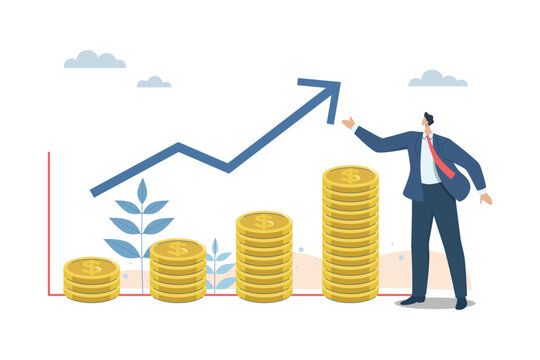 Success from investing, Growth of money or profits of business, Returns from the stock market and global investment, Financial success concept, Businessman is happy with high growth financial graph.