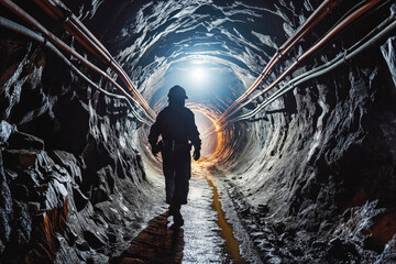 Coal mine worker in underground tunnel. Coal mining in mine. Miner in underground mine on coal mining work. - obrazy, fototapety, plakaty