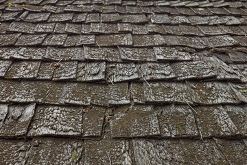 Old weathered wooden shingle roof.