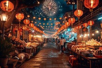 Fototapeta na wymiar Chinese New Year Celebration: A Bustling Night Market with Fireworks and Lights Generative AI