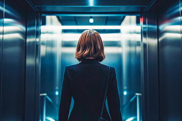 Business woman entering elevator. She will take the elevator to a lower floor for a business meeting. - obrazy, fototapety, plakaty