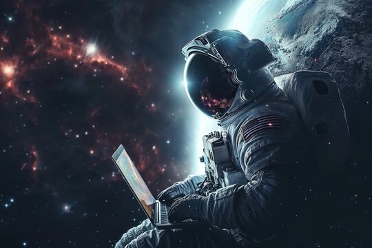 Astronaut Using Tablet in Outer Space