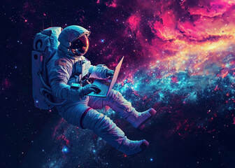 Astronaut with Laptop in Nebula Cloud - obrazy, fototapety, plakaty