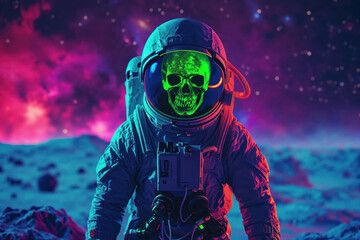 Astronaut with a skull visor standing on an alien planet with a red sunset - obrazy, fototapety, plakaty