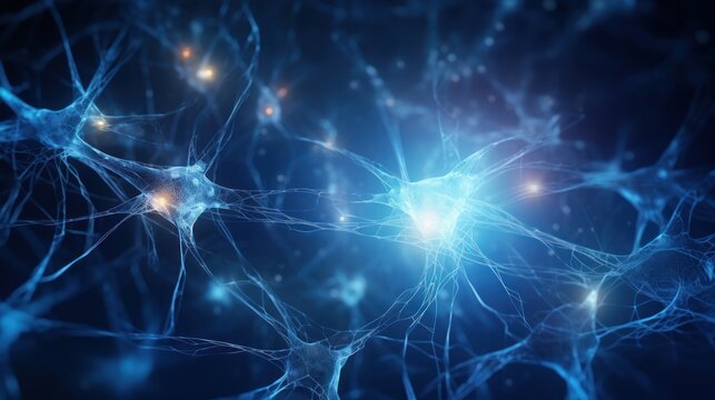 Abstract image of neural connections on a blue background on the theme of artificial intelligence. Important day. Neural connections.
