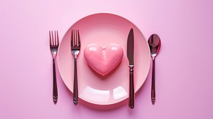 plate in shape of heart, table knife and fork on pink