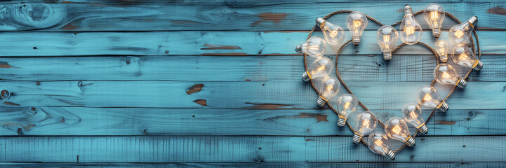 Light bulb heart on blue wooden background