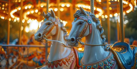 two carousel horses in a park