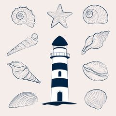 Blue doodles on a white background. lighthouse and shells. Suitable for decoration of various goods in marine style. Illustration in the style of line. Marine theme in drawings. Vector art.