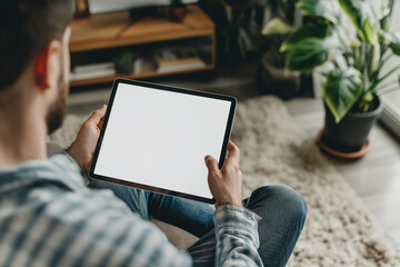 cropped view of man holding digital tablet with blank screen at home