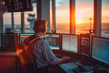 Man working as air traffic controller in airport control tower. Team of professional aircraft control officers works using radar, computer navigation and digital maps. - obrazy, fototapety, plakaty