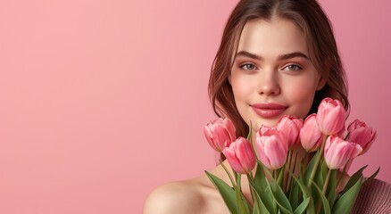 Fototapeta premium young beautiful woman holding beautiful bouquet of tulips