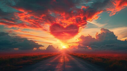 Fototapeta premium Red heart shaped sky at sunset. Beautiful landscape with road and clouds.Love background with copy space. Road to love