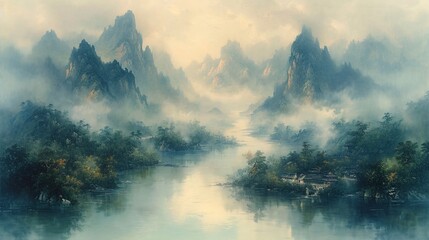 Foggy Mountainside: A Serene Scene for a Monthly Meditation Retreat Generative AI