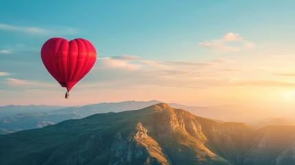 Fototapeta premium Red hot air balloon in the shape of a heart flying over the mountain