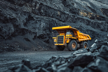 Open pit mine industry, big yellow mining truck for coal anthracite. Yellow mining truck for coal moves along dusty quarry road.