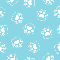 Blue seamless pattern with outline paws