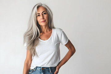 Elderly beautiful woman with long hair in white t shirt posing with blue jeans