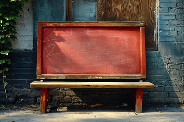 the red chalkboard stands alone on an outdoor wooden surface