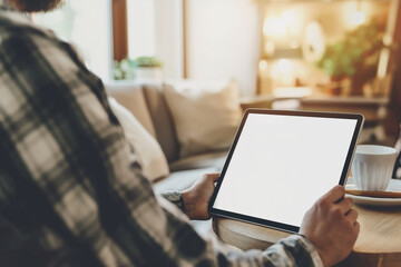 cropped view of man holding digital tablet with blank screen at home
