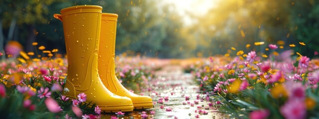 yellow rain boots stands on a pathway full bloom of flowers - obrazy, fototapety, plakaty