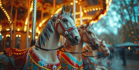 two horses on a carousel in the city,