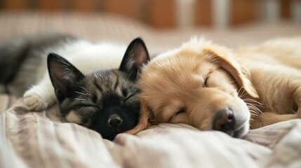 puppy and kitten sleep portrait
