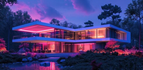 the futuristic modern glass and metal house is lit up with neon colored lights