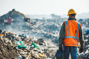 Worker walking at garbage dump. He controls the progress of work at the landfill and takes care of safety measures.